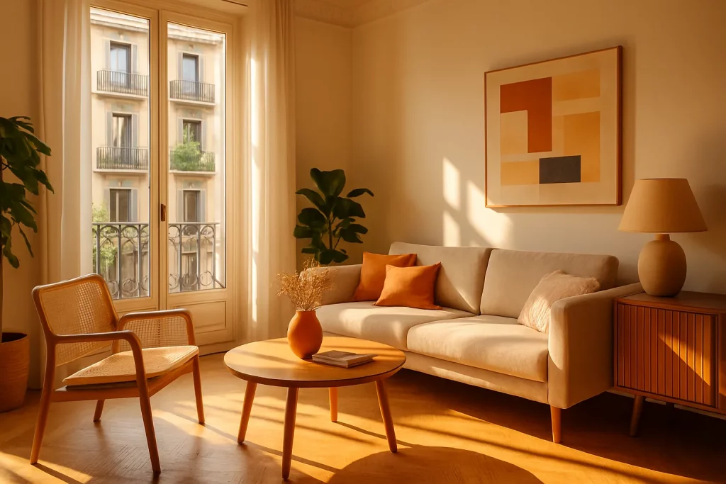 Gemütliches Wohnzimmer mit Sofa, Sessel, Couchtisch, Pflanze, Lampen und Bilder, hell erleuchtet durch die Fenster und Sonnenlicht.