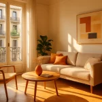 Gemütliches Wohnzimmer mit Sofa, Sessel, Couchtisch, Pflanze, Lampen und Bilder, hell erleuchtet durch die Fenster und Sonnenlicht.
