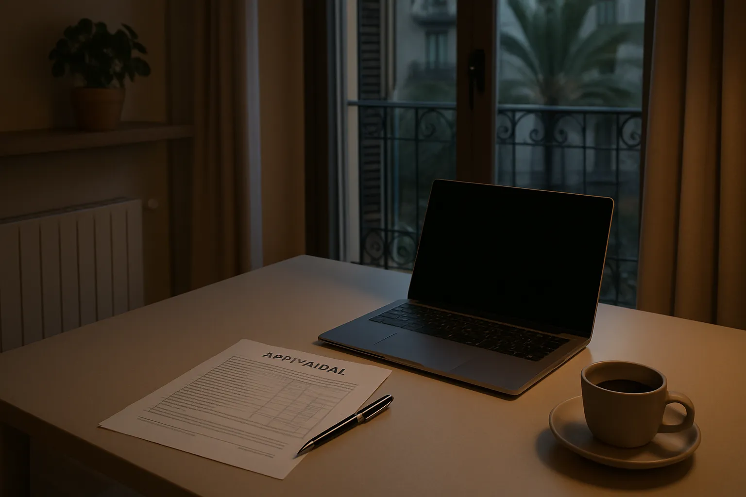 Ein dunkler Schreibtisch mit Laptop, Kaffeetasse, Stift und Formular im Morgenlicht. Hintergrund: Balkon mit Palmen.