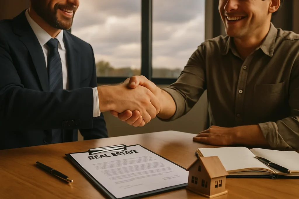 Zwei Männer schütteln sich die Hand bei einem Immobilien-Deal im Raum, auf dem Tisch liegen Verträge, Notizbuch, Kugelschreiber und ein kleines Haus-Modell.