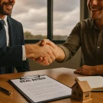 Zwei Männer schütteln sich die Hand bei einem Immobilien-Deal im Raum, auf dem Tisch liegen Verträge, Notizbuch, Kugelschreiber und ein kleines Haus-Modell.