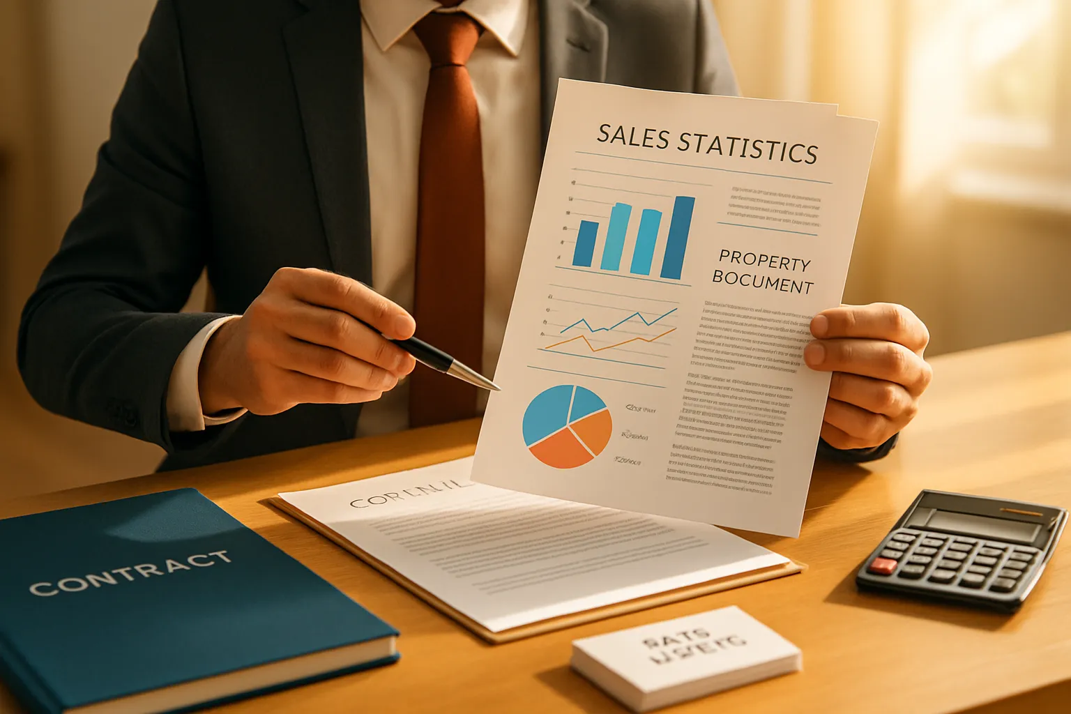 Geschäftsmann im Anzug zeigt auf eine Statistik auf einer Papierseite, während er an einem Tisch sitzt. Im Hintergrund Licht.