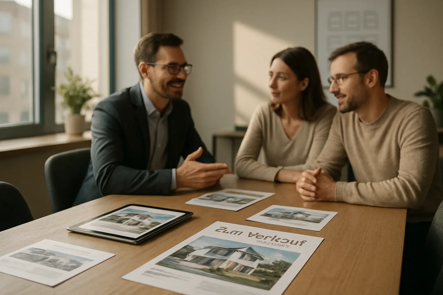 Drei Menschen bei Besprechung im Büro, Fotos und Verkaufsbroschüren für ein Haus auf Tisch, Sonnenlicht durch Fenster.