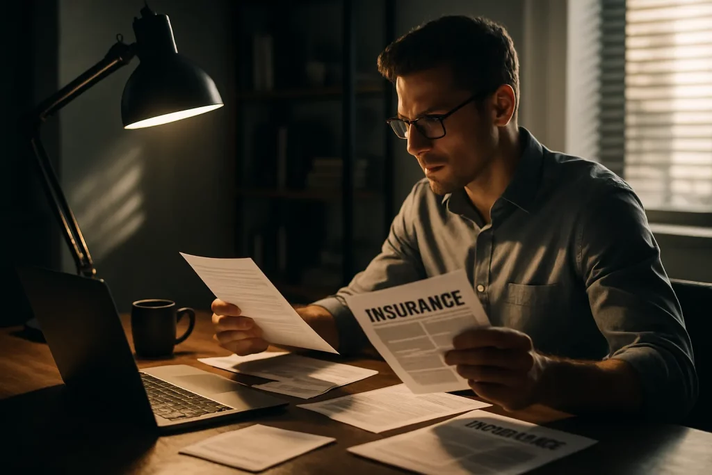Ein Mann sitzt an einem Schreibtisch, liest eine Versicherungspapier bei schwachem Licht, im Hintergrund ist ein Regal und ein Fenster mit Jalousien.