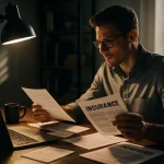 Ein Mann sitzt an einem Schreibtisch, liest eine Versicherungspapier bei schwachem Licht, im Hintergrund ist ein Regal und ein Fenster mit Jalousien.