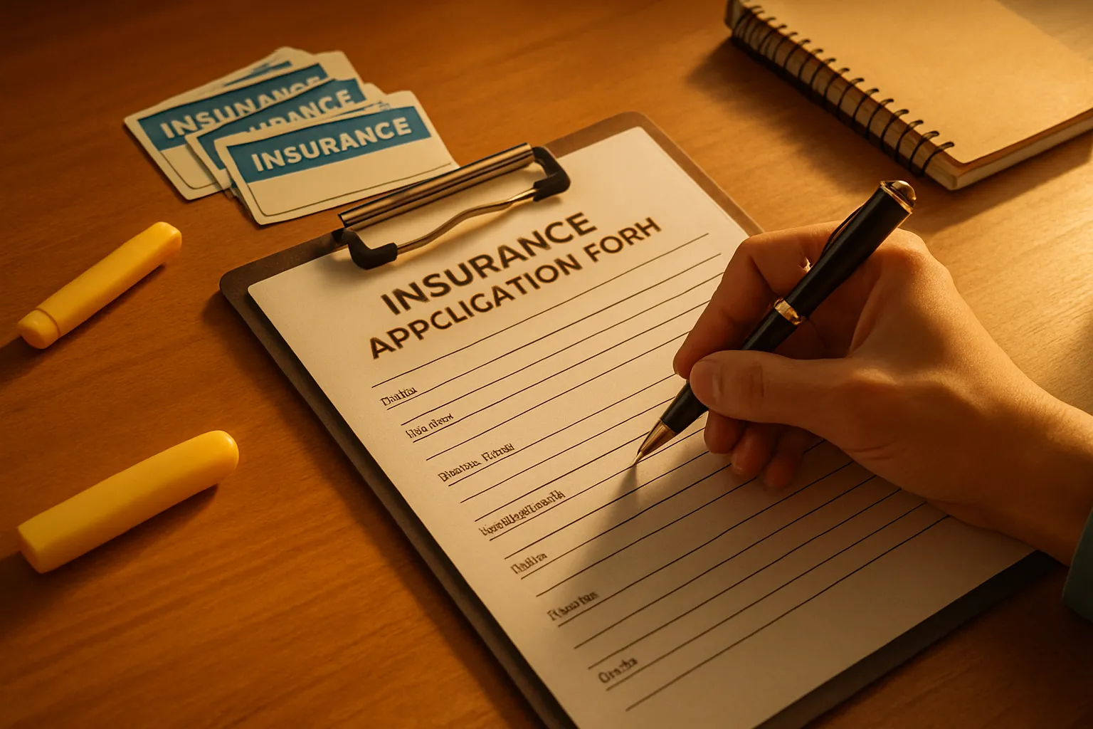 Hand schreibt auf eine Versicherung-Antragsformular, neben sind Versicherungskarten, Notizbuch und Marker auf einem Holztisch.