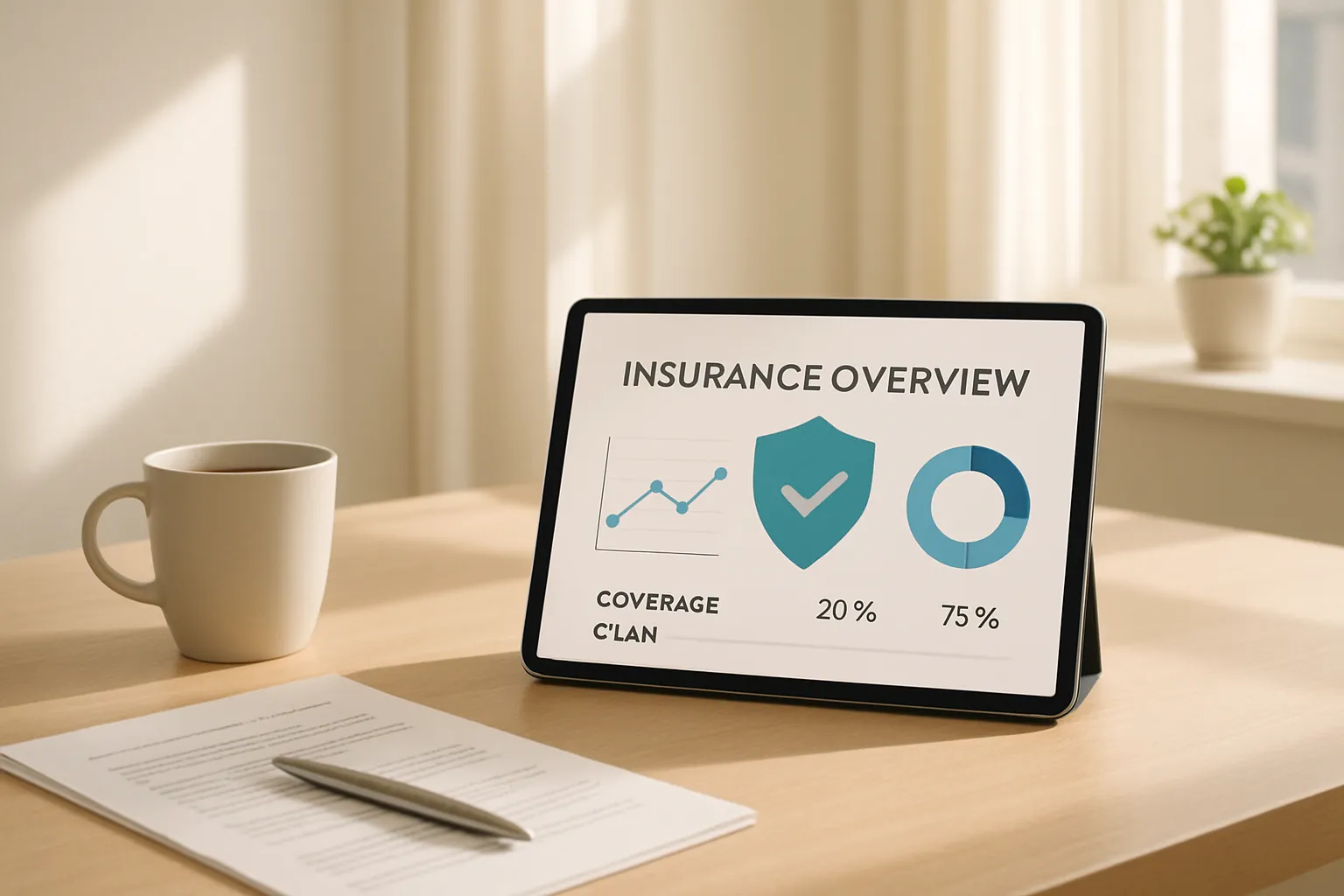 Ein Tablet zeigt eine Versicherungsübersicht mit Grafiken, auf einem Tisch liegen Papier und Stift, im Hintergrund ein Fenster mit Pflanzen.