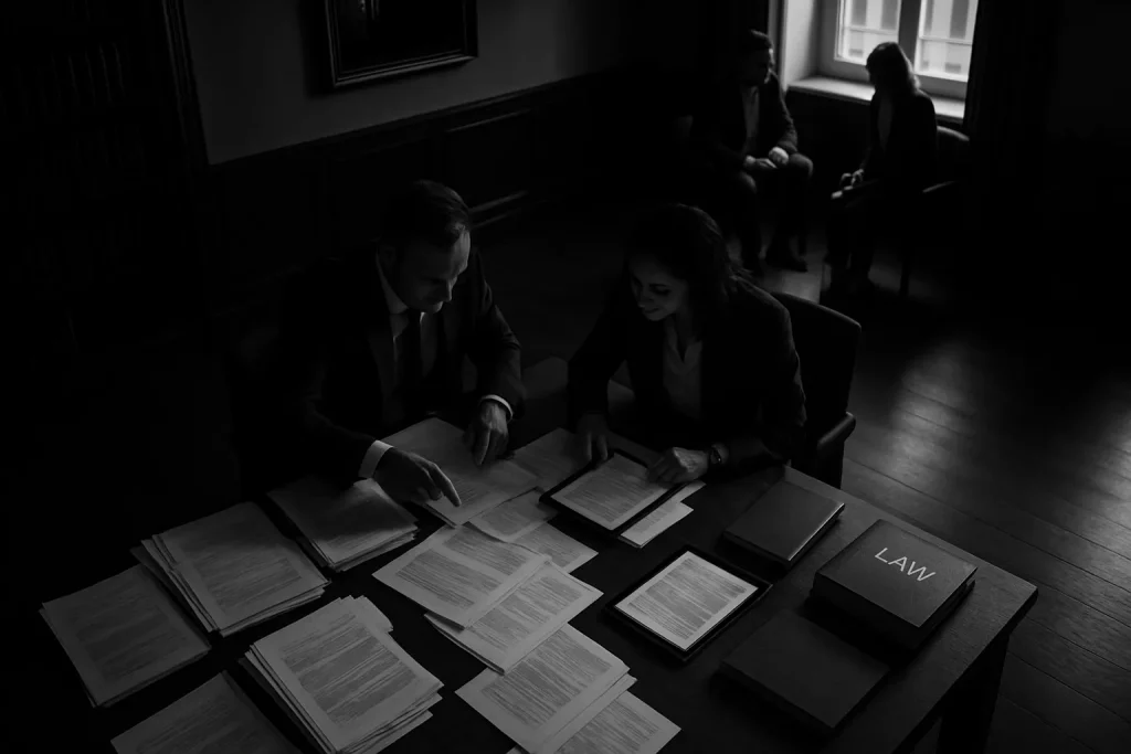 Zwei Menschen im Büro bei einem Gespräch, vor ihnen liegen viele Papiere und ein Gesetzbuch. Im Hintergrund sitzen zwei weitere Personen.