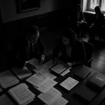 Zwei Menschen im Büro bei einem Gespräch, vor ihnen liegen viele Papiere und ein Gesetzbuch. Im Hintergrund sitzen zwei weitere Personen.