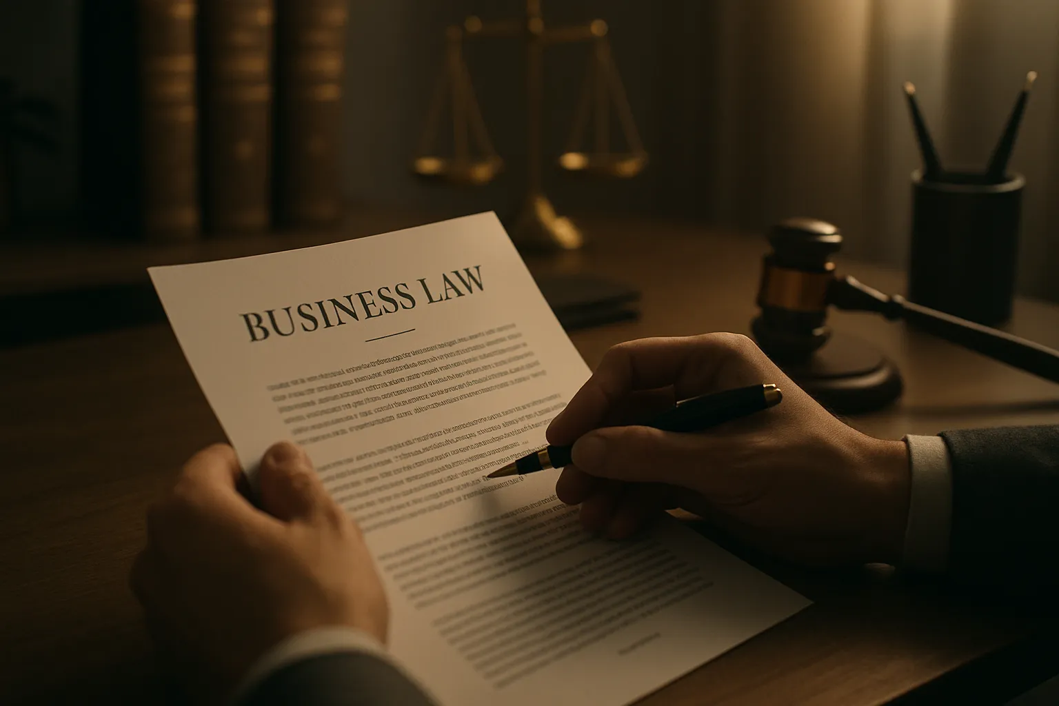Hände eines Mannes beim Unterzeichnen eines Vertrags mit der Überschrift "BUSINESS LAW", im Büro mit Waage, Gavel und Stiften.