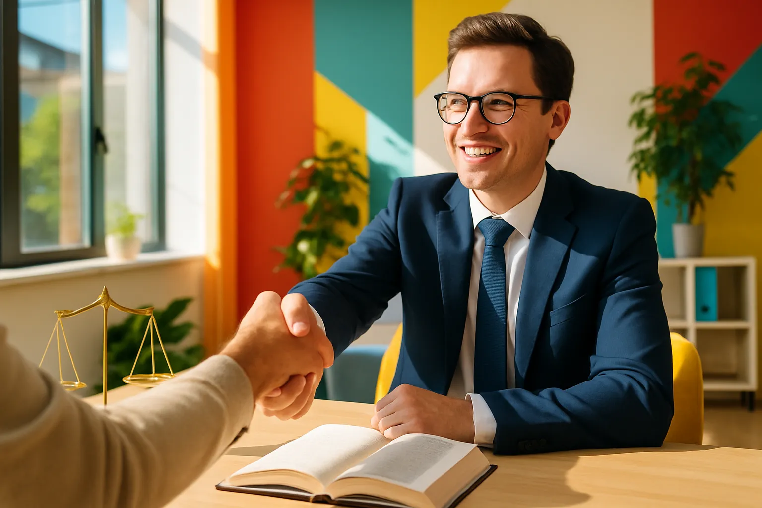 Ein Mann in Anzug und Brille schüttelt einem anderen die Hand, sitzt an einem Tisch mit offenem Buch, im bunten, modernen Büro.