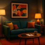 Gemütliches Wohnzimmer mit Sofa, Kissen, Lampen, Regal, Tisch, Tasse, Uhr, Kunstbild an der Wand, viele Pflanzen, dimmiges Licht.