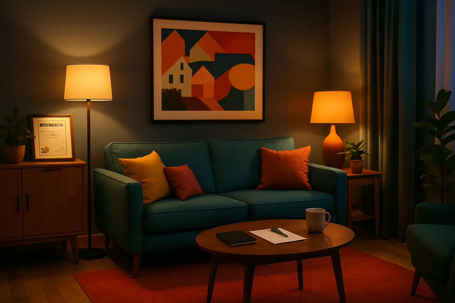 Gemütliches Wohnzimmer mit Sofa, Kissen, Lampen, Regal, Tisch, Tasse, Uhr, Kunstbild an der Wand, viele Pflanzen, dimmiges Licht.