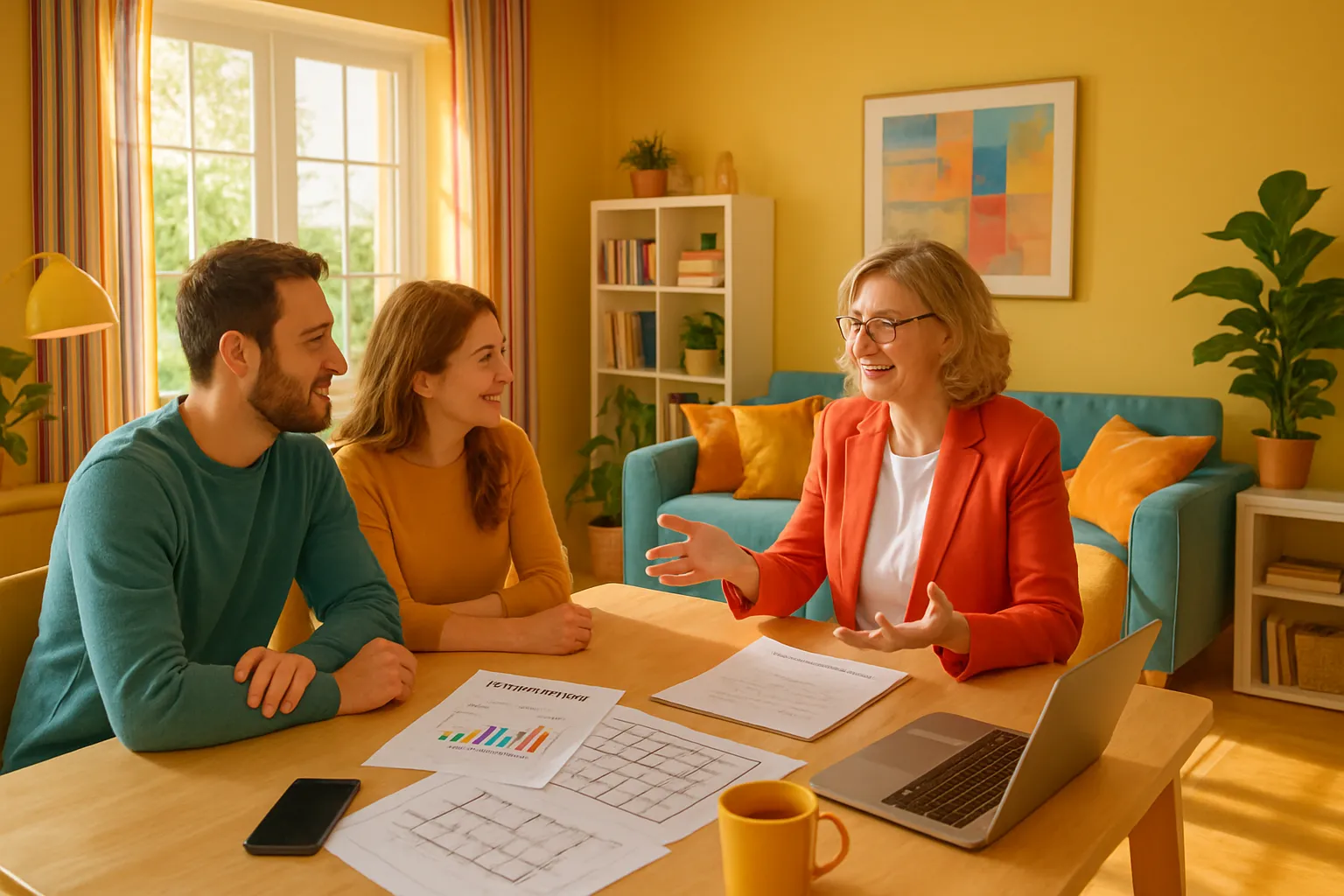 Drei Menschen sitzen im hellen Wohnzimmer, lachen und sprechen. Die älteste Frau erklärt, während die beiden jungen Erwachsenen zuhören.