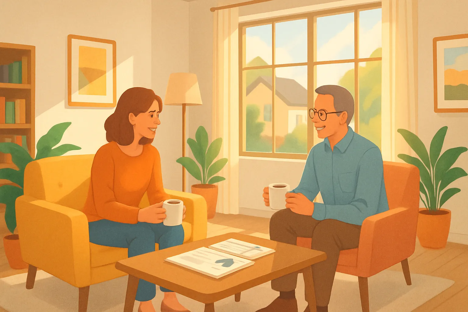 Zwei Menschen sitzen im Wohnzimmer beim Kaffee, sprechen, lachen und haben Papiere auf dem Tisch vor sich. Es ist sehr hell draußen.