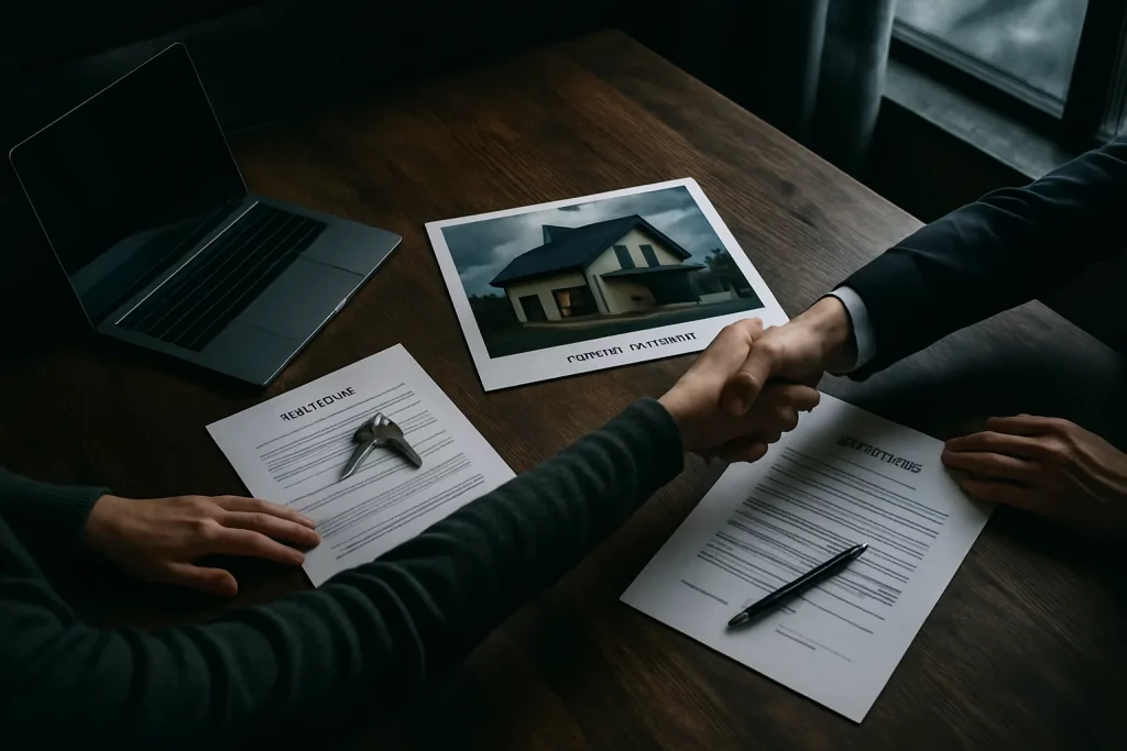 Zwei Personen schütteln sich die Hand bei einem Hauskauf. Auf dem Tisch liegen Verträge, Schlüssel, ein Laptop und ein Foto vom Haus.