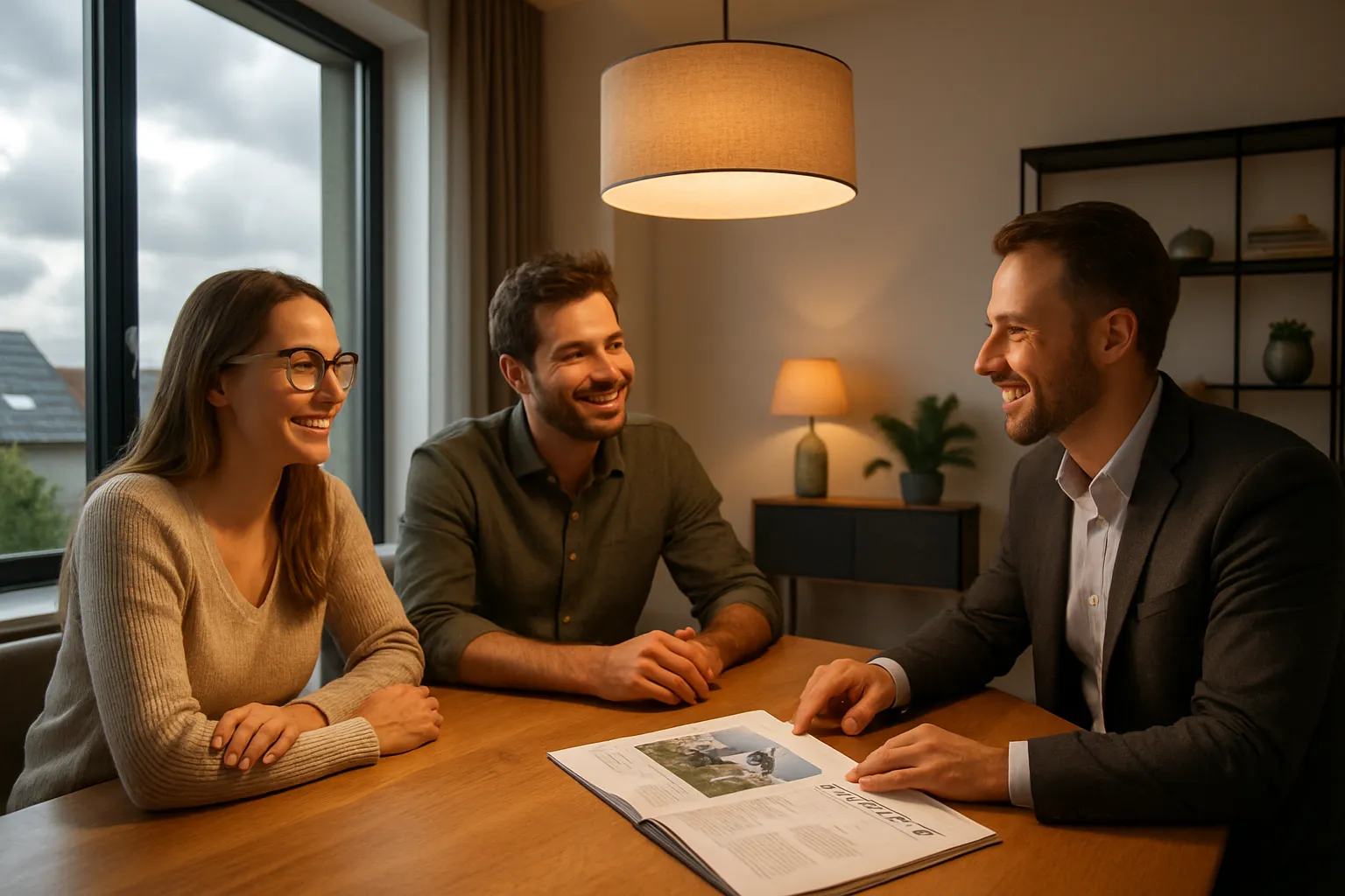 Drei Menschen sprechen bei einer Besprechung in einem modernen Büro. Sie lachen und schauen auf ein Magazin. Es ist Tag.