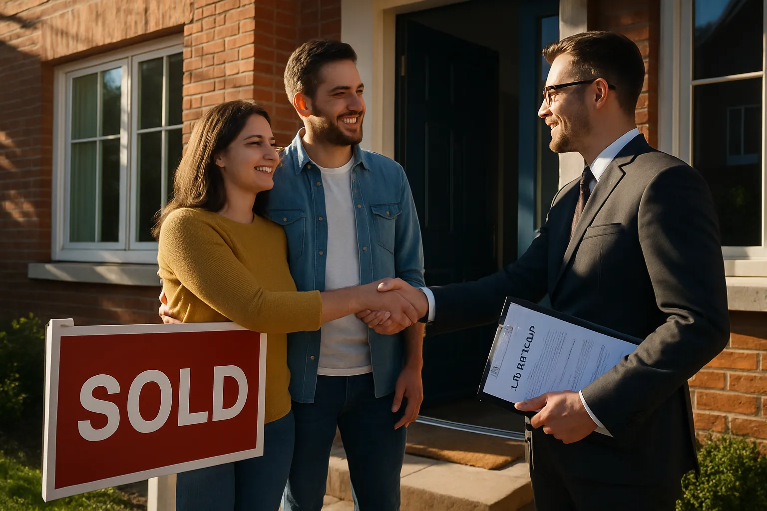 Ein Paar kauft ein Haus, das "sold" steht, während ein Makler ihnen die Hand schüttelt. Es ist draußen vor einem Haus mit Ziegelwänden.