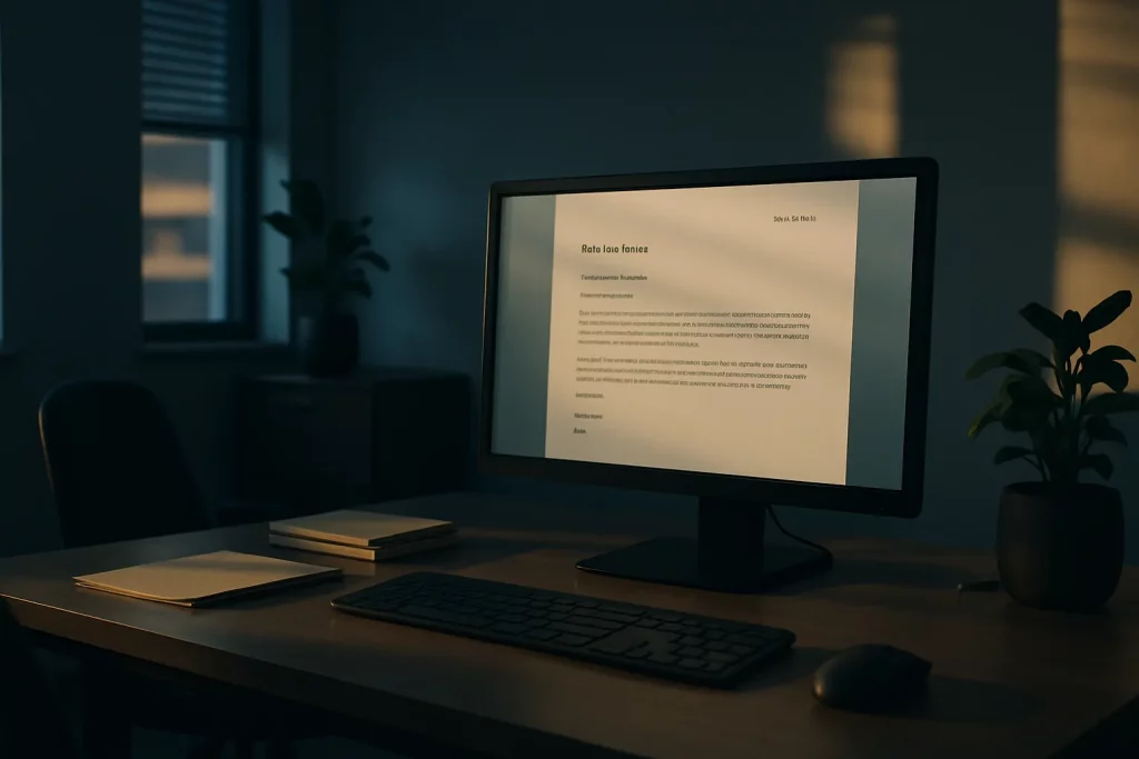 Ein dunkler Bürotisch mit Computer, Tastatur, Maus, zwei Büchern und Pflanzen. Im Raum ist es abends oder früh morgens.