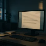 Ein dunkler Bürotisch mit Computer, Tastatur, Maus, zwei Büchern und Pflanzen. Im Raum ist es abends oder früh morgens.