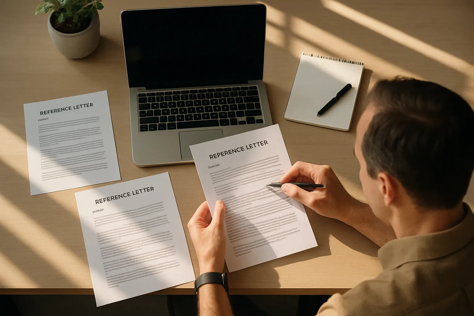 Ein Mann überprüft mehrere Referenzbriefe an einem Tisch, mit Laptop, Notizbuch und Stift, während er im Büro arbeitet.