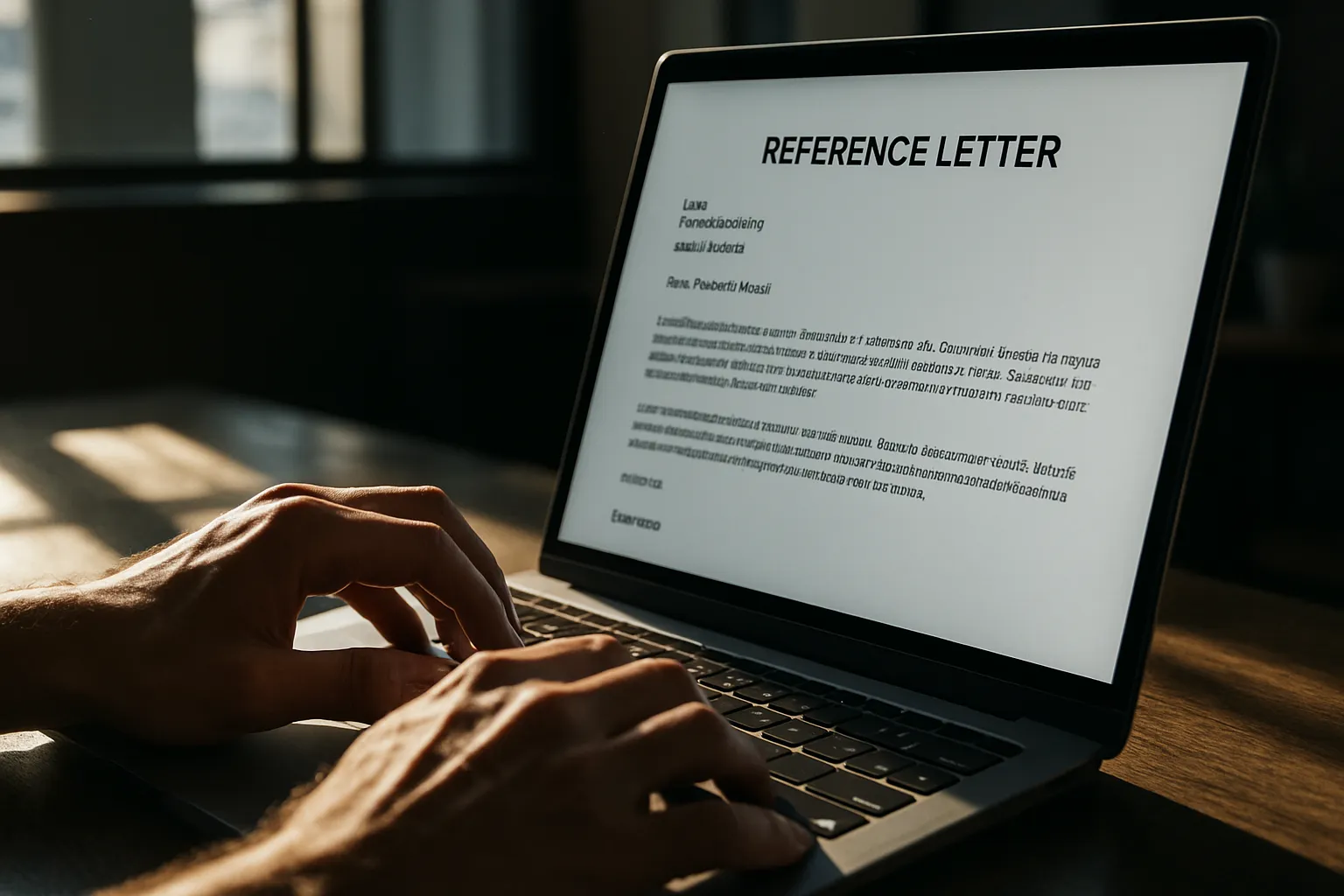 Ein Mensch tippt an einem Laptop auf einem Holztisch, im Hintergrund ein Fenster mit Sonnenlicht. Bildschirm zeigt einen Brief.
