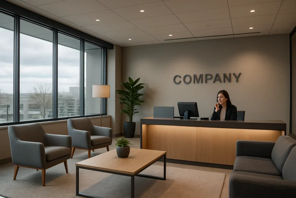 Ein Büro mit einem Empfangstresen, einer Frau am Telefon, einem Sofa, zwei Stühlen, einem Couchtisch, Pflanzen und großem Firmen-Schriftzug an der Wand.