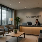 Ein Büro mit einem Empfangstresen, einer Frau am Telefon, einem Sofa, zwei Stühlen, einem Couchtisch, Pflanzen und großem Firmen-Schriftzug an der Wand.