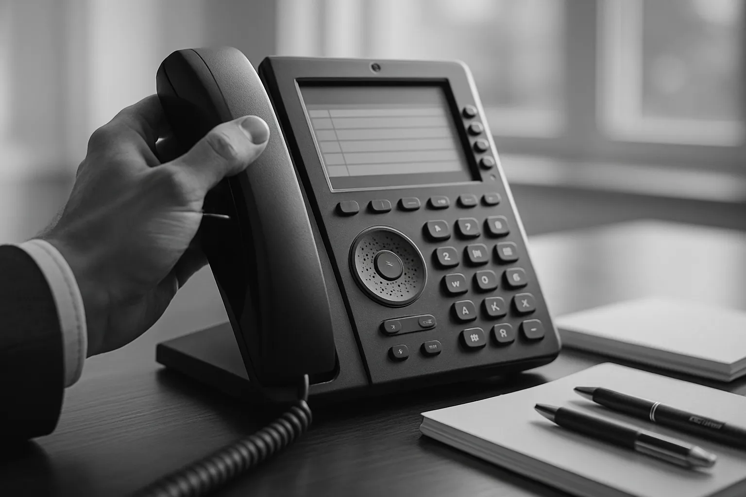 Ein Mann hält ein Telefonhörer in der Hand vor einem Schreibtisch mit Notizblöcken und Stiften, im Büro bei Tageslicht.