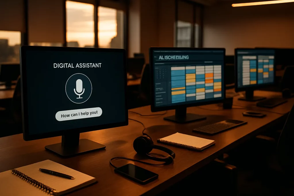 Drei Computerbildschirme in einem dunklen Büro, einer zeigt einen Sprachassistenten, die anderen zwei eine Terminplanung. Das Büro ist abends.