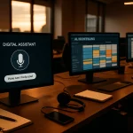 Drei Computerbildschirme in einem dunklen Büro, einer zeigt einen Sprachassistenten, die anderen zwei eine Terminplanung. Das Büro ist abends.