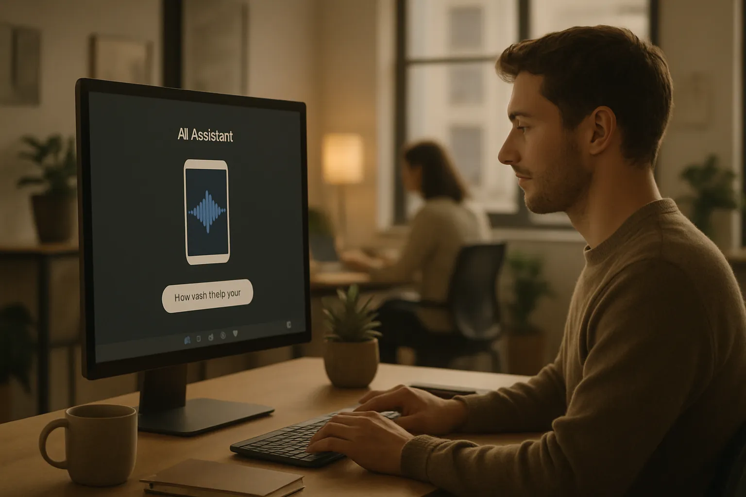Ein Mann sitzt an einem Schreibtisch vor einem Computerbildschirm mit Spracherkennung. Im Hintergrund arbeiten Menschen in einem Büro.