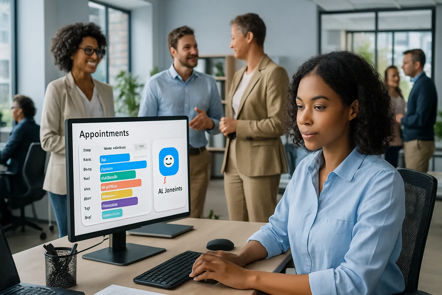 Eine junge Frau arbeitet an einem Computer im Büro, während im Hintergrund vier Menschen miteinander sprechen.
