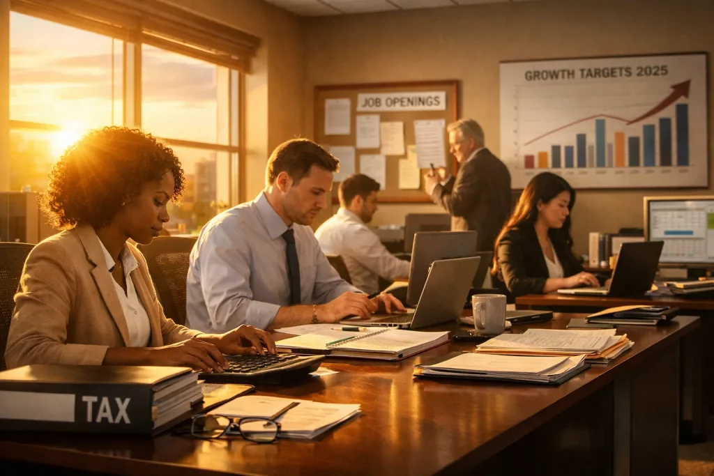 Menschen arbeiten in einem Büro am Tisch mit Papieren, Laptops und einem Taschenrechner, während im Hintergrund ein Mann telefoniert. Sonnenlicht scheint durchs Fenster.