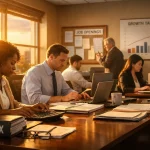 Menschen arbeiten in einem Büro am Tisch mit Papieren, Laptops und einem Taschenrechner, während im Hintergrund ein Mann telefoniert. Sonnenlicht scheint durchs Fenster.
