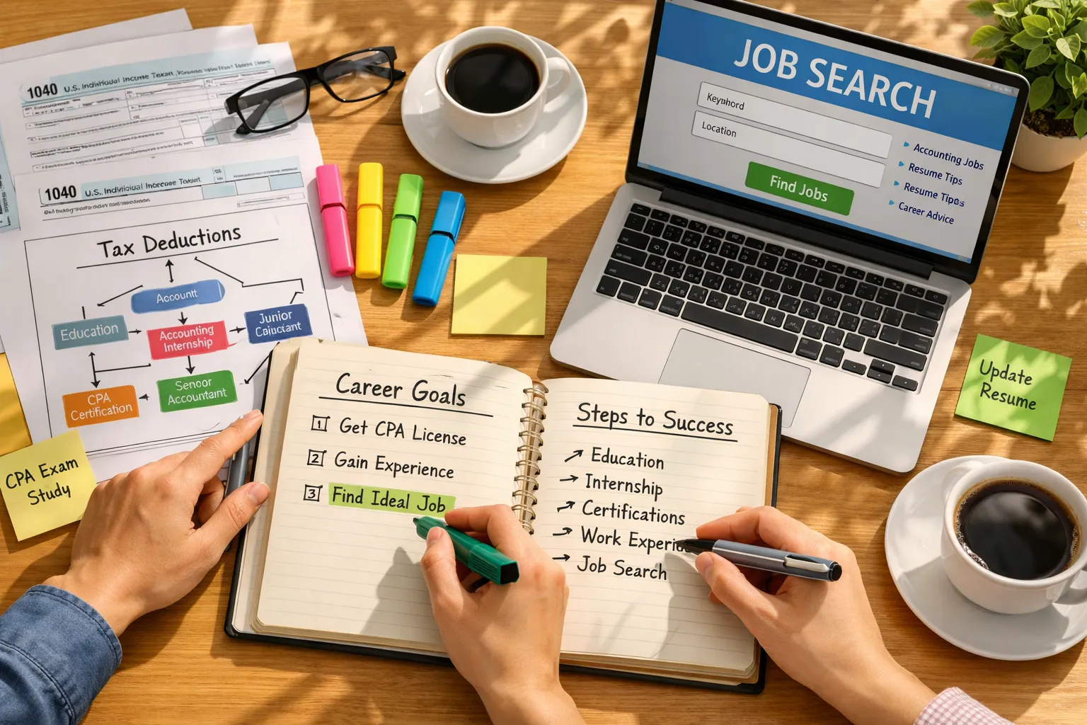 Zwei Personen planen einen Jobwechsel. Sie schreiben Ziele auf, um eine Karriere im Rechnungswesen zu starten, während sie Kaffee trinken.