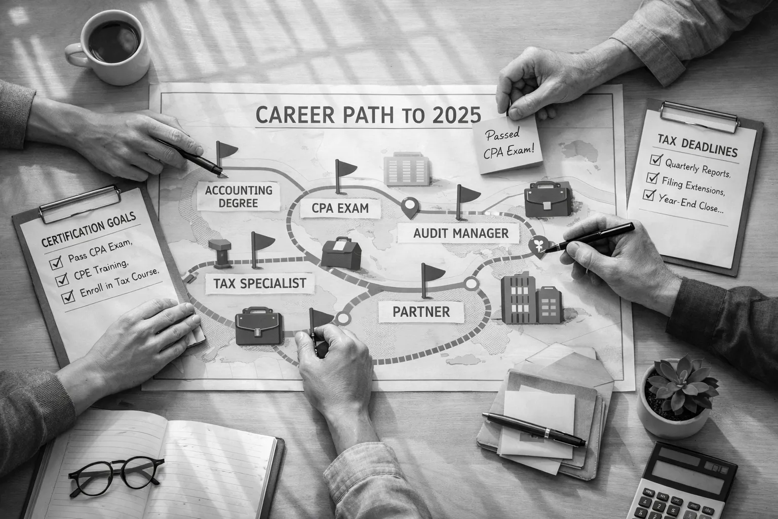 Drei Menschen planen einen Karriereweg im Buchhaltungsbereich, auf einem Tisch mit Papierschrift, Stiften, Taschenrechner und Notizblock.