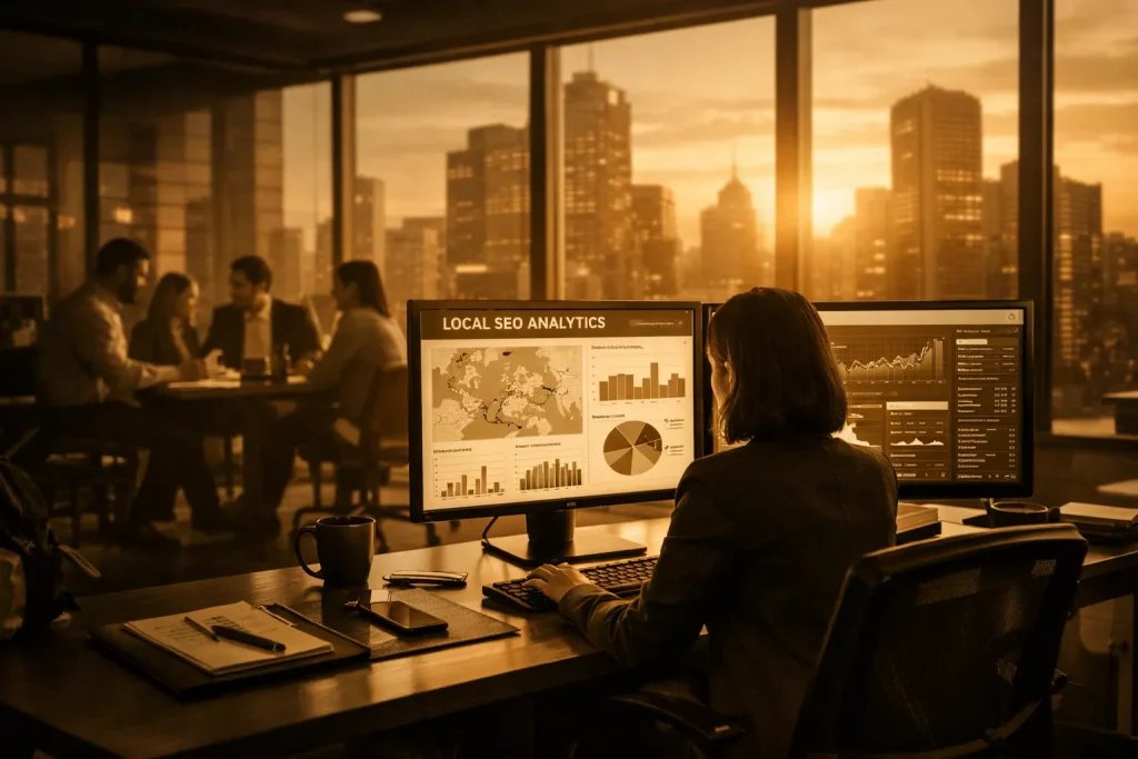 Eine Frau arbeitet an einem Computer mit Analytics-Daten im Büro, draußen ist die Stadt bei Sonnenuntergang zu sehen.