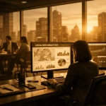 Eine Frau arbeitet an einem Computer mit Analytics-Daten im Büro, draußen ist die Stadt bei Sonnenuntergang zu sehen.