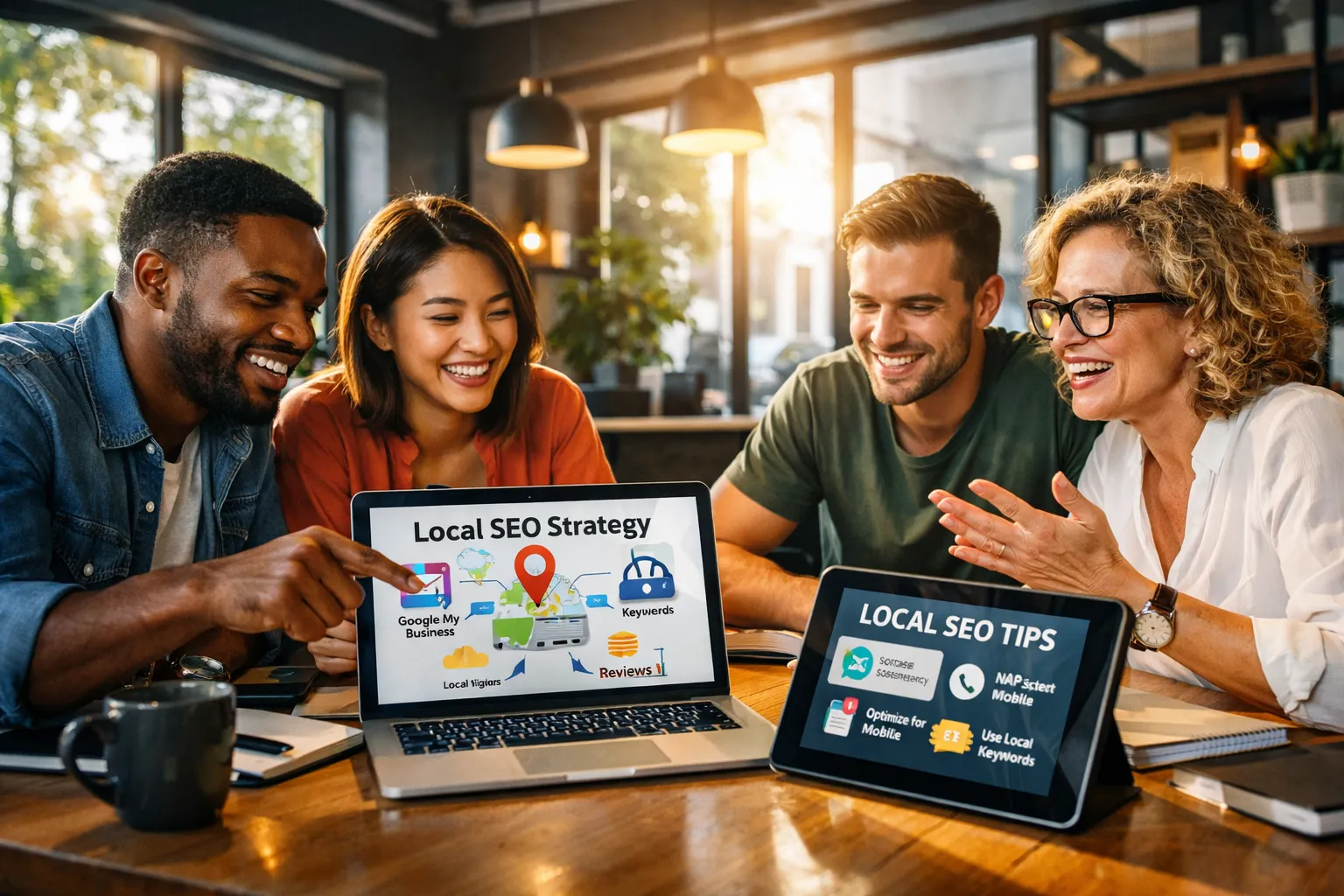 Vier Menschen sitzen an einem Tisch in einem modernen Café, lachen und schauen auf Laptops mit Tipps für lokale SEO-Strategien.