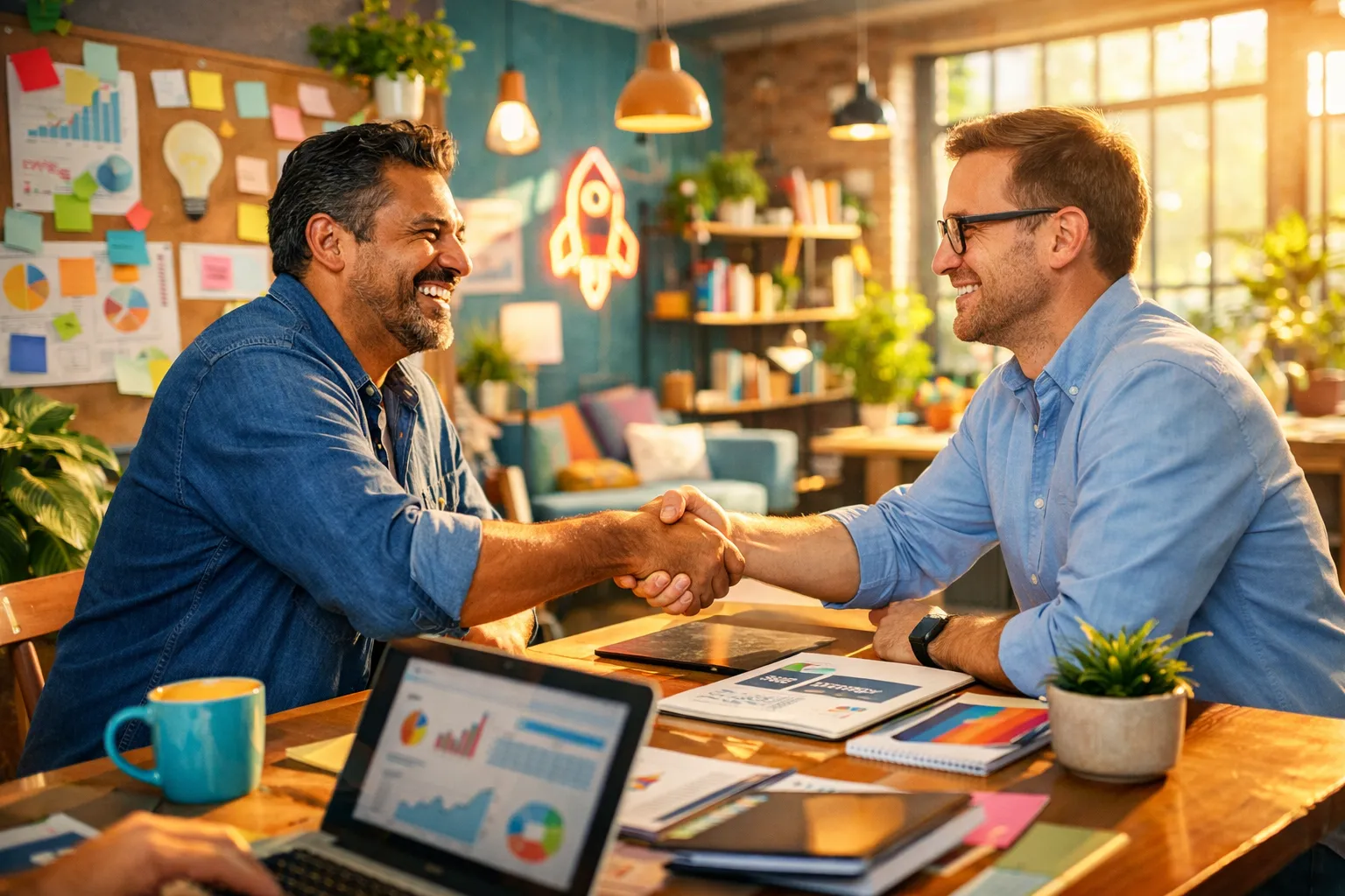 Zwei Männer sitzen an einem Tisch in einem modern eingerichteten Büro und schütteln sich die Hand, während sie lachen und eine erfolgreiche Verhandlung feiern.