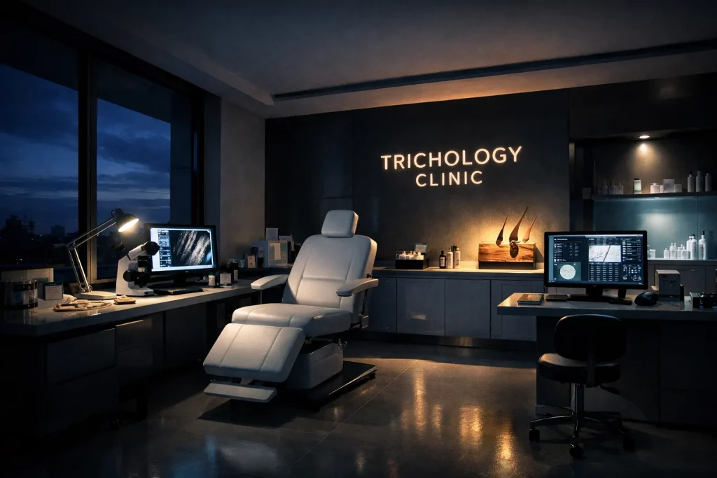 Ein dunkler Behandlungsraum der Trichology Clinic mit einem modernen Stuhl, Computern und medizinischen Utensilien bei Dämmerung.
