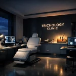 Ein dunkler Behandlungsraum der Trichology Clinic mit einem modernen Stuhl, Computern und medizinischen Utensilien bei Dämmerung.