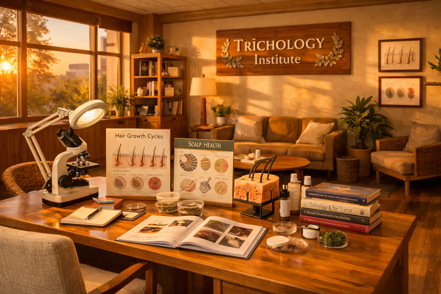Ein Behandlungsraum im Trichology Institute mit Mikroskop, Büchern und Info-Flyern, sonnendurchfluteter Raum mit Pflanzen und gemütlicher Sitzecke.