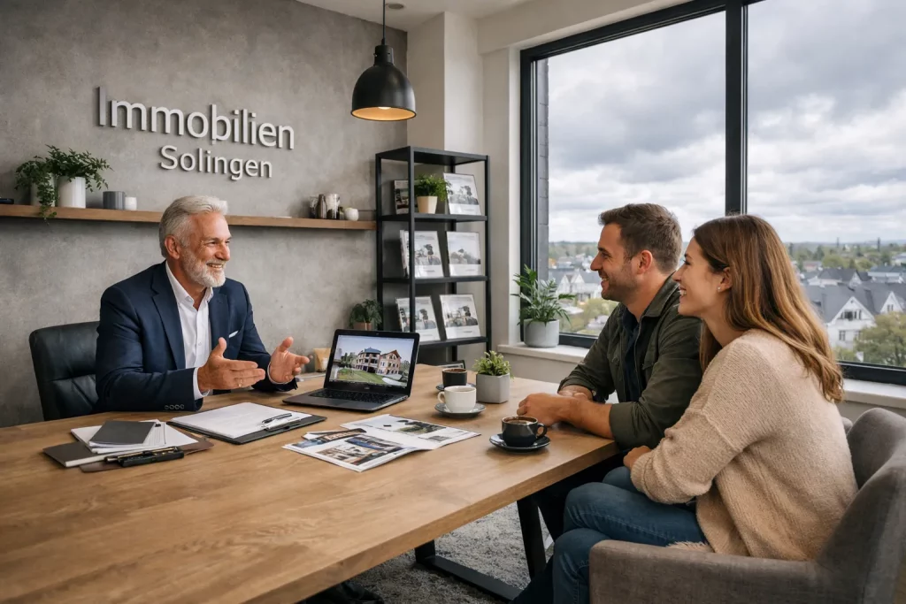 Zwei Kunden sprechen mit einem Makler bei Immobilienbesprechung im Büro, weiteres ist auf dem Tisch und im Hintergrund.