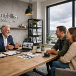 Zwei Kunden sprechen mit einem Makler bei Immobilienbesprechung im Büro, weiteres ist auf dem Tisch und im Hintergrund.