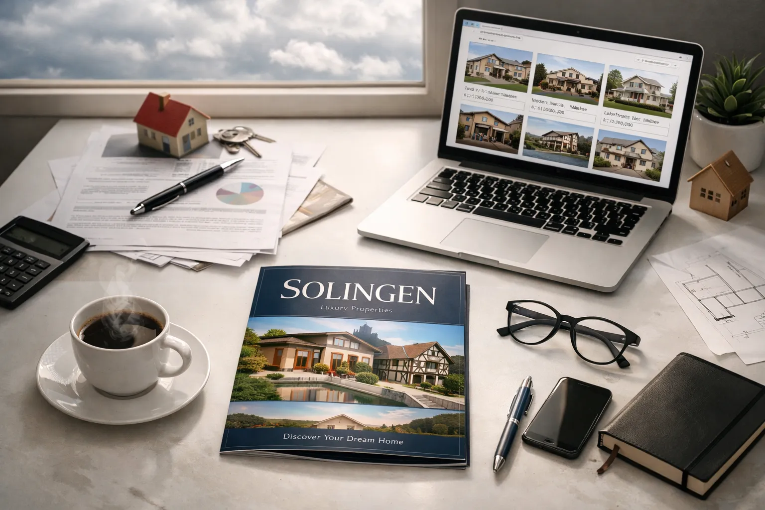 Arbeitsplatz mit Makler-Prospekt, Laptop mit Hausfotos, Brille, Smartphone, Kaffeetasse und Dokumente in einem Büro mit Fenster.