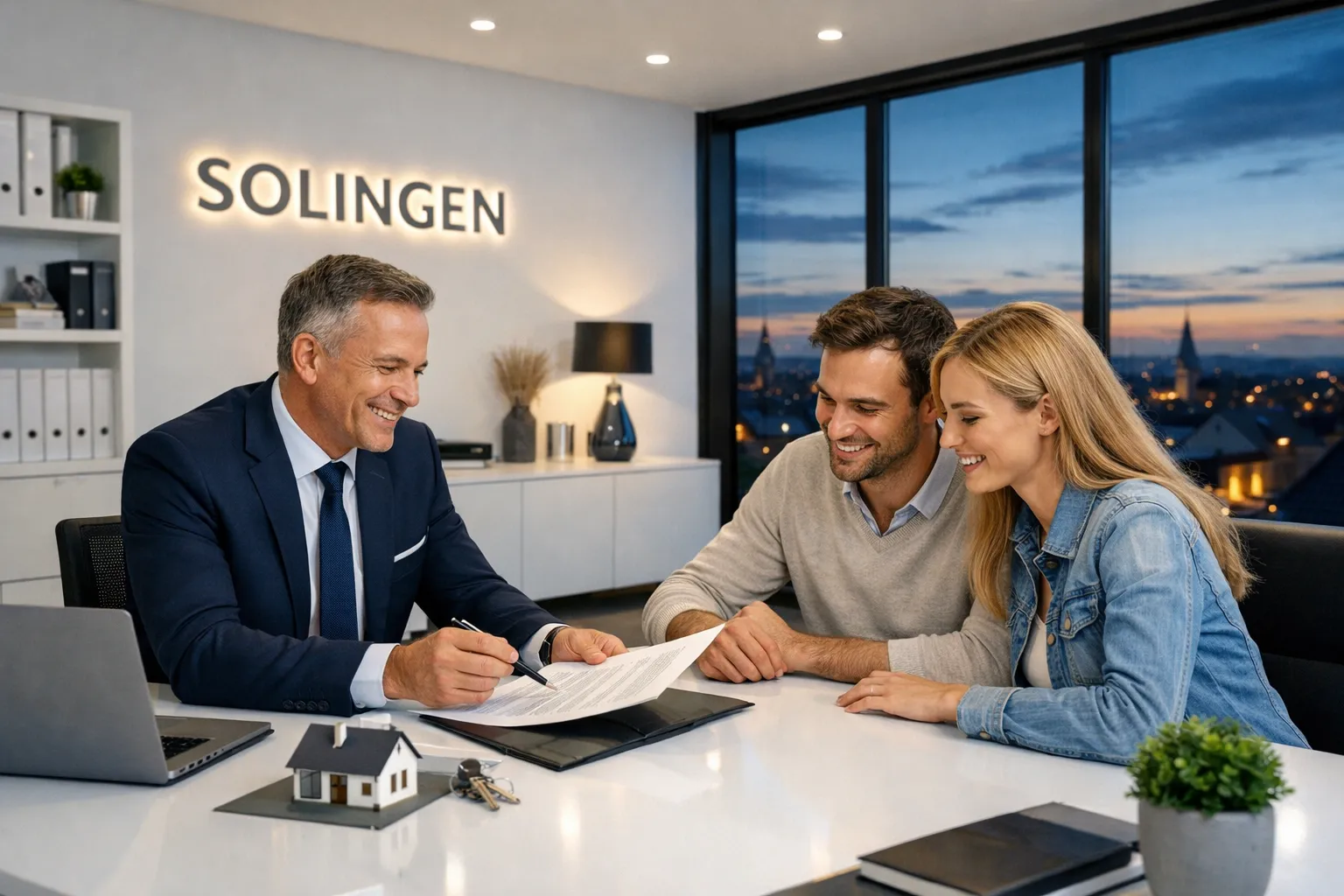 Drei Menschen lachen und sprechen bei einem Treffen im Büro, im Hintergrund eine Stadt bei Sonnenuntergang, der Schriftzug "SOLINGEN".