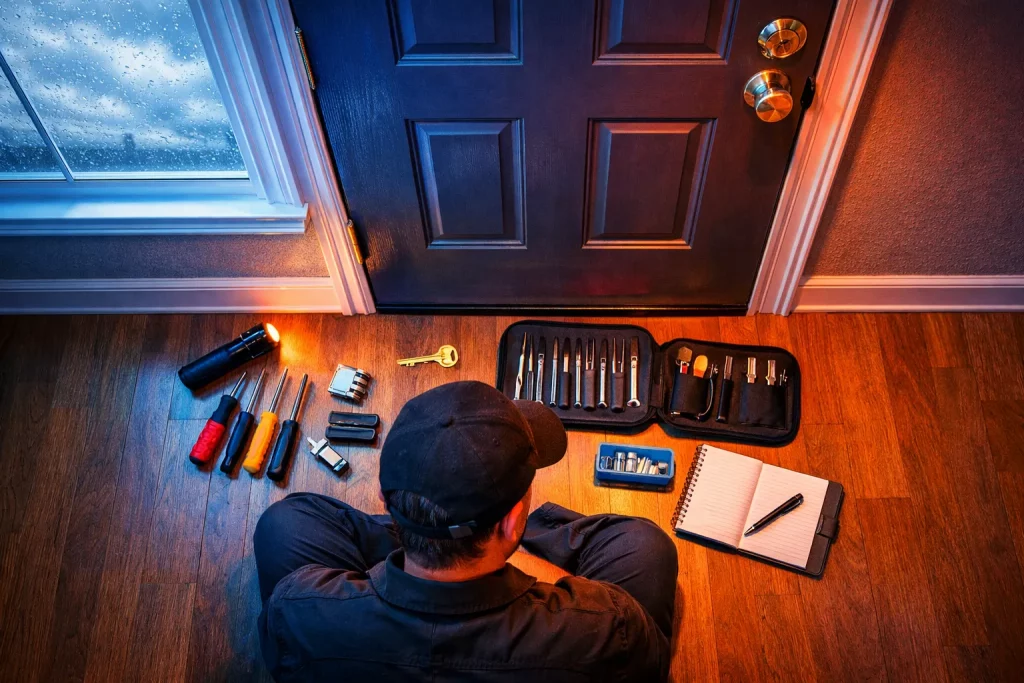 Ein Mann sitzt vor einer Tür, umgeben von Werkzeugen, einem Notizbuch und einer Taschenlampe, wahrscheinlich bei einem Reparatur- oder Einbruchsszenario.