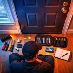 Ein Mann sitzt vor einer Tür, umgeben von Werkzeugen, einem Notizbuch und einer Taschenlampe, wahrscheinlich bei einem Reparatur- oder Einbruchsszenario.